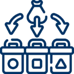 Drei Mülleimer mit Pfeilen, die auf unterschiedliche Container zeigen. Symbolisiert Recycling und nachhaltige Abfallbewirtschaftung.